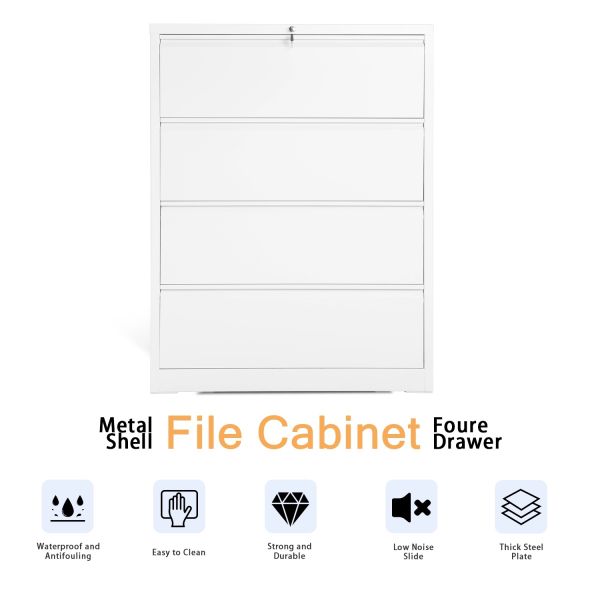 Wide Metal Lateral 4 Drawer Filing Cabinet Fire Resistant