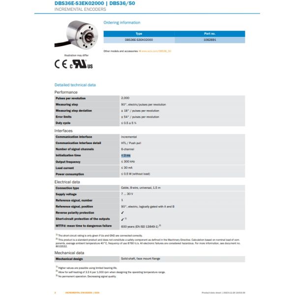 Sick DBS36 Series Incremental Encoder 6-channel 2000ppr HTL Signal Solid Type 6mm Shaft For High Precision Applications