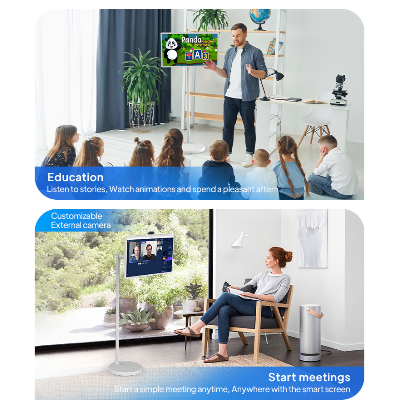 32 Inch Movable Smart Display with Wheels Height Adjustable Screen Wireless Android Tablet Gym Live Stream Factory