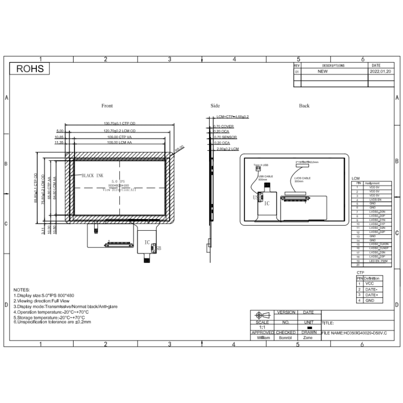 20pin LVDS IPS TFT LCD Display 5 Inch Capacitive Touch Screen 800*480 Resolution