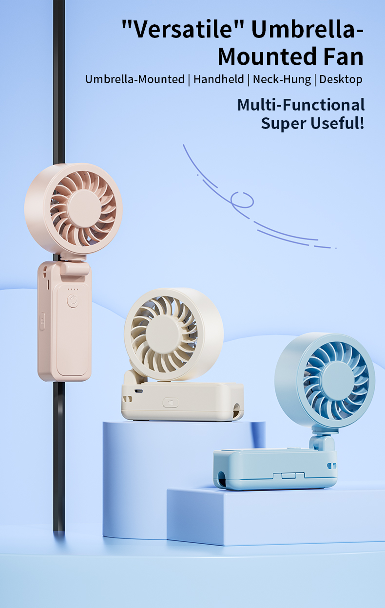 Wholesale Factory Direct Portable Fan Flexible Adjustable Angle Rechargeable Clip-on for Umbrella & Wearable Neck Design