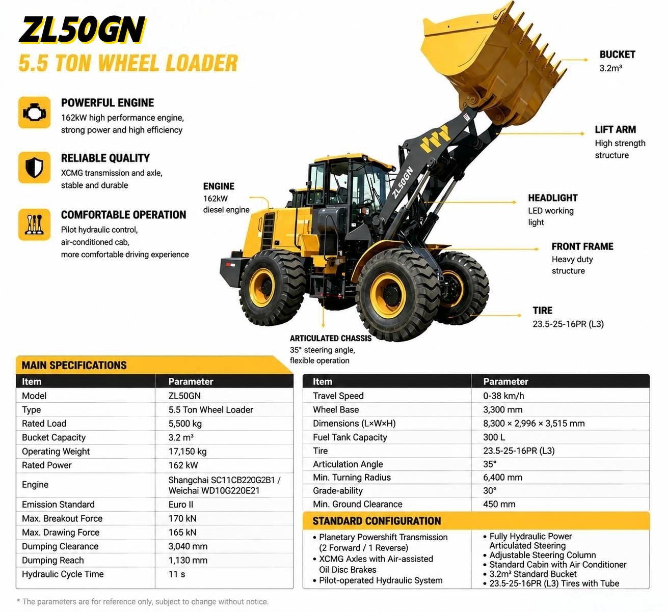 3 Ton Wheel loader XC938 Front Loader Payloader Electric Wheel Loader 4ton 5ton 6ton XC948 LW500FN XC958 XC968 955 960H Hot Sale in Kenya