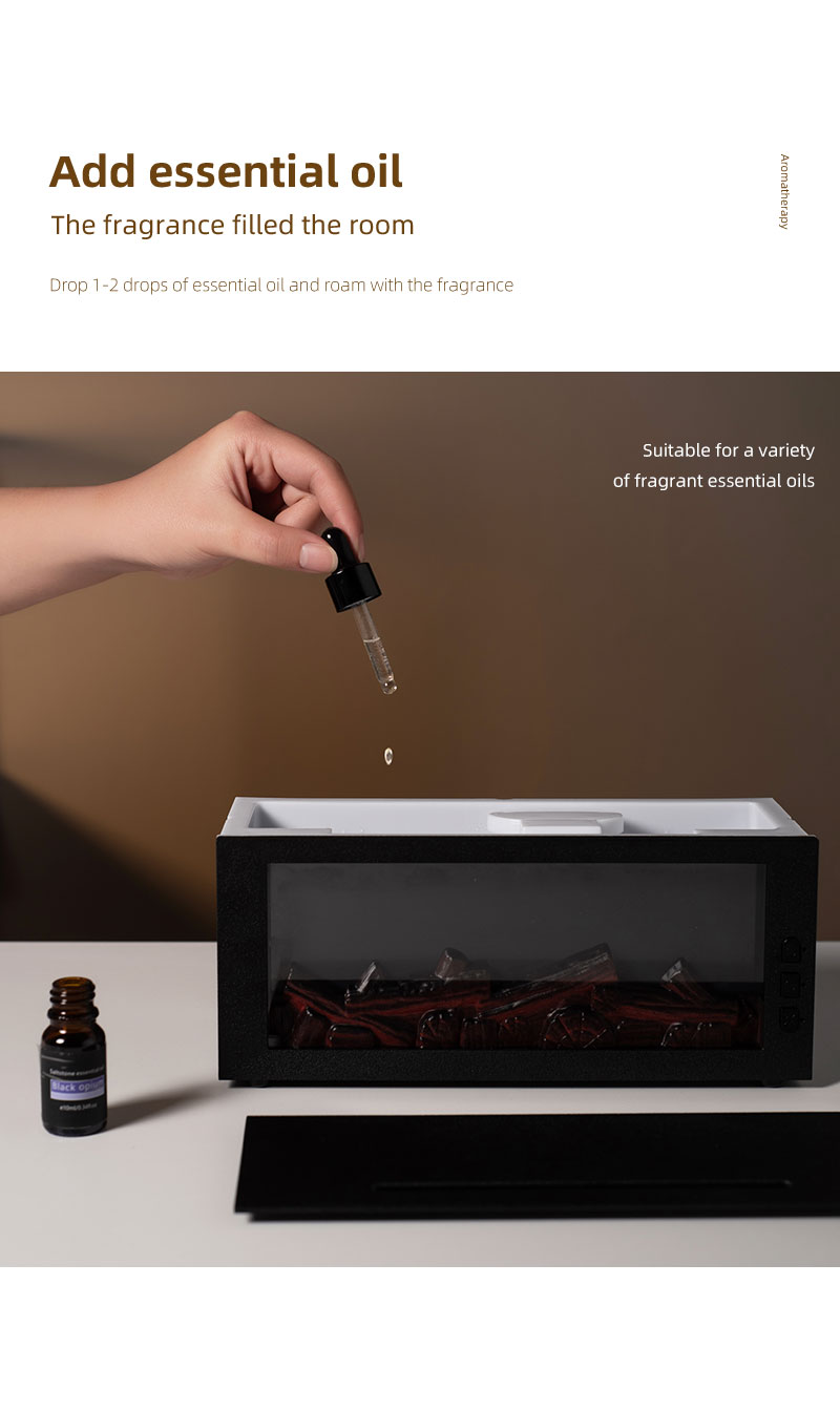3D Realistic Flame Fireplace Diffuser Humidifier 300ml Large Tank Type-C Charging Quiet Operation
