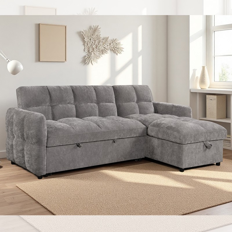L-Shaped Sectional Sleeper Sofa with Pull-Out Bed and Adjustable Backrest and Storage Chaise, Gray Fabric