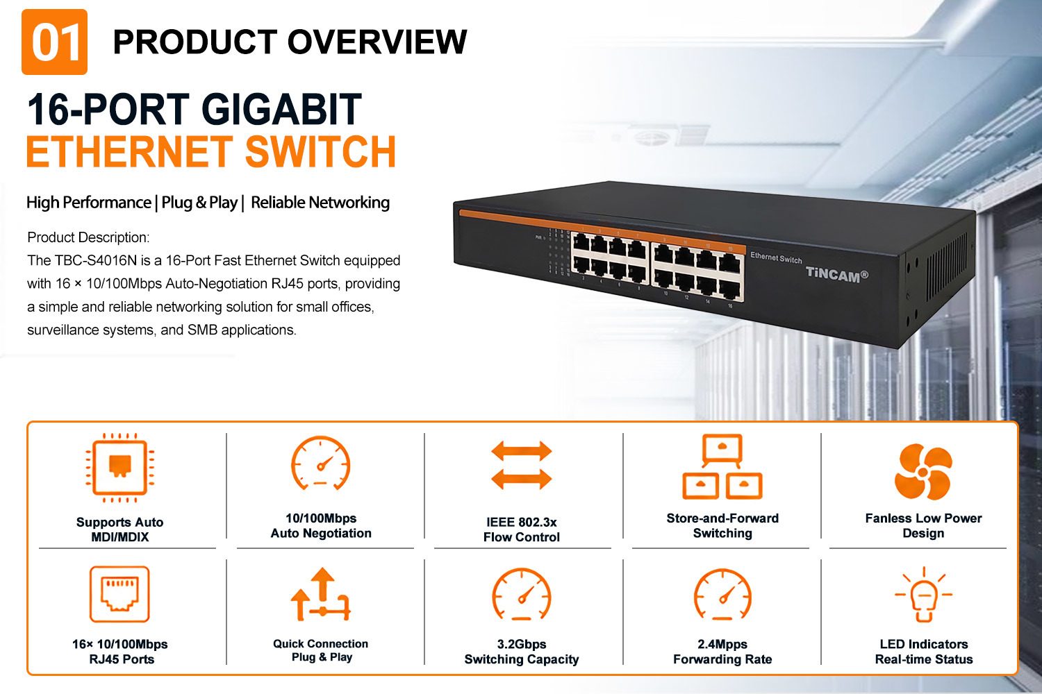 16 Port 10/100Mbps Fast Ethernet Switch Unmanaged Network Switch Rackmount/Desktop Metal Switch Internal Power Supply TBC-S4016N