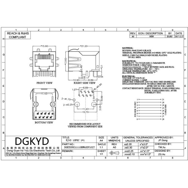 DGKYD5921111HWA3DY1027 90 Degree In Line RJ45 Connector 10P8C Without Lamp