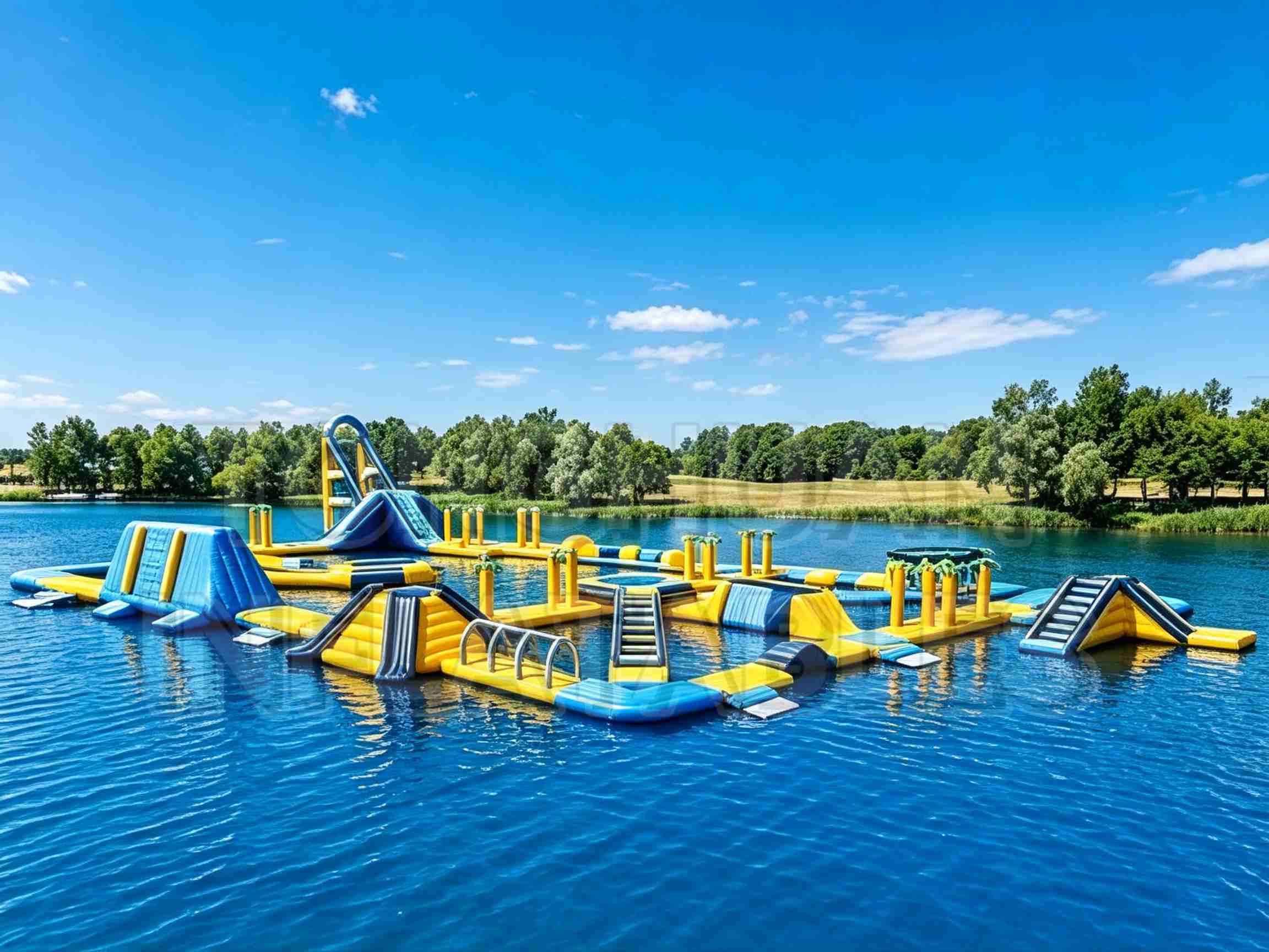 Custom Modular Inflatable Water Park with Slides Climbing Walls Balance Bridges and Activity Platforms for Lakes Resorts Camps and Commercial