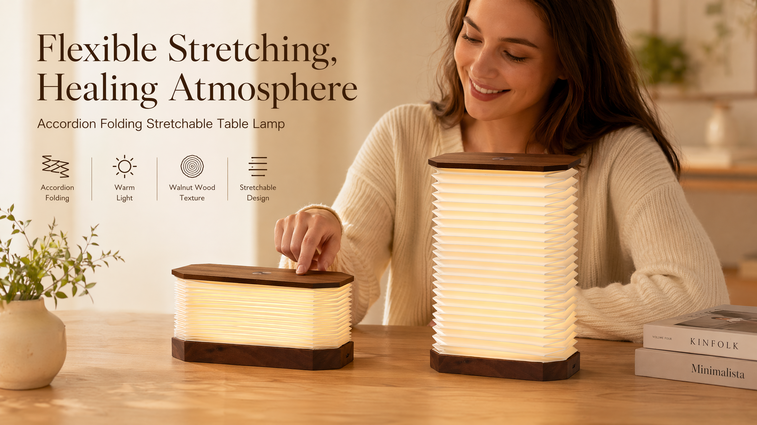 Solid Hardwood Base Rectangular Folding Paper Light Vertical Expandable Lamp with Premium Paper Shade USB Rechargeable