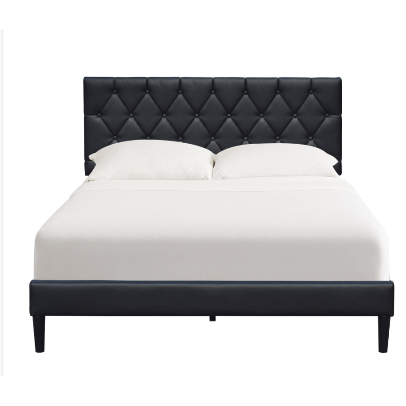 Twin Size Upholstered Bed Frame Black Leather Adjustable Headboard Tufted Buttons