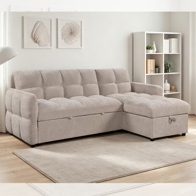 L-Shaped Sectional Sleeper Sofa with Pull-Out Bed and Adjustable Backrest and Storage Chaise, Beige Fabric