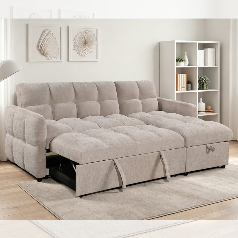 L-Shaped Sectional Sleeper Sofa with Pull-Out Bed and Adjustable Backrest and Storage Chaise, Beige Fabric