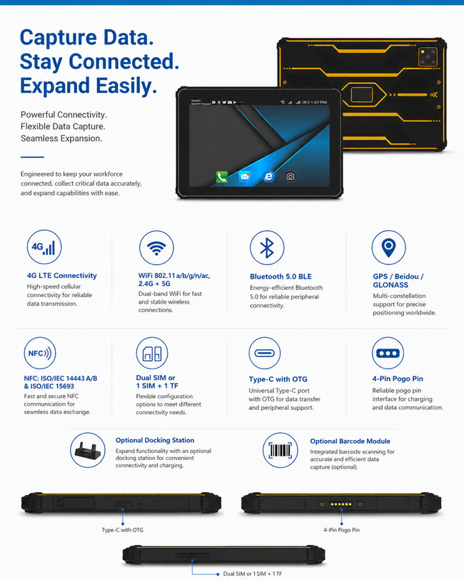 Shock-Resistant Rugged Tablet 10.1 Inch with Charging Dock for Field Data Records