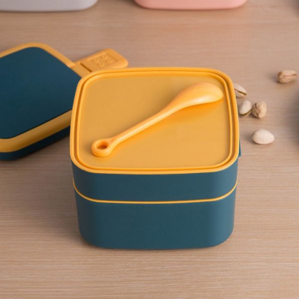 Double Layer Plastic Multi Compartment Lunch Box Bento With Spoon 1000ml 1400ml