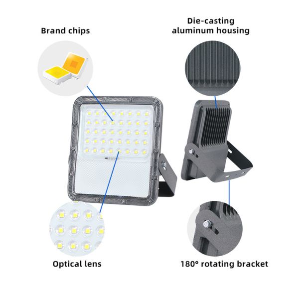 100w 200w RGB Wall Mounted Solar LED Flood Light For Stadium Rechargeable IP66 Waterproof