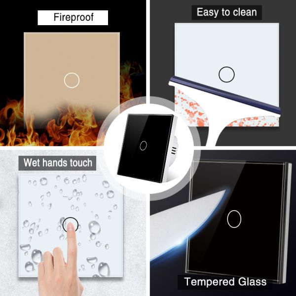 Gold tempered glass panel touch light switch front view