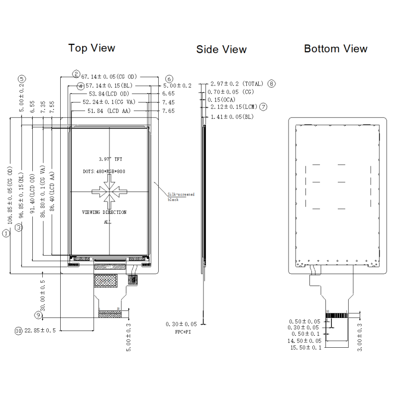 MIPI Interface 3.97 Inch IPS POS LCD Display 480x800 Resolution 250cd/M2 Luminance