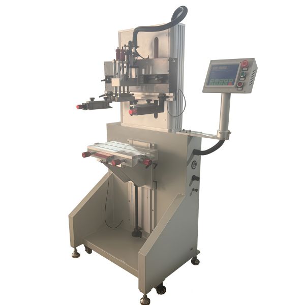Semi automatic screen printing machine showing printing mechanism and control interface