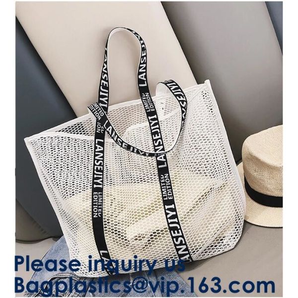 Mesh Tote Bag Customs Logo Printing Shopping Bag With Canvas Drawstring Bag, Double Drawstring Multiple Sizes Bagease