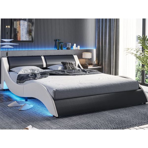 Upholstered Bed with PU Leather Headboard, PU Platform Bedframe with LED Lights