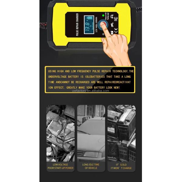 FCP 12V 6A Rechargeable Smart Fast Car Auto Lead-Acid Battery Charger with LCD Display