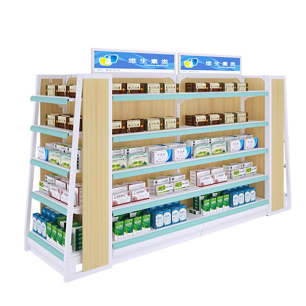 Drugstore L2000mm H1200mm Metal And Wood Shelf Unit Double Sided