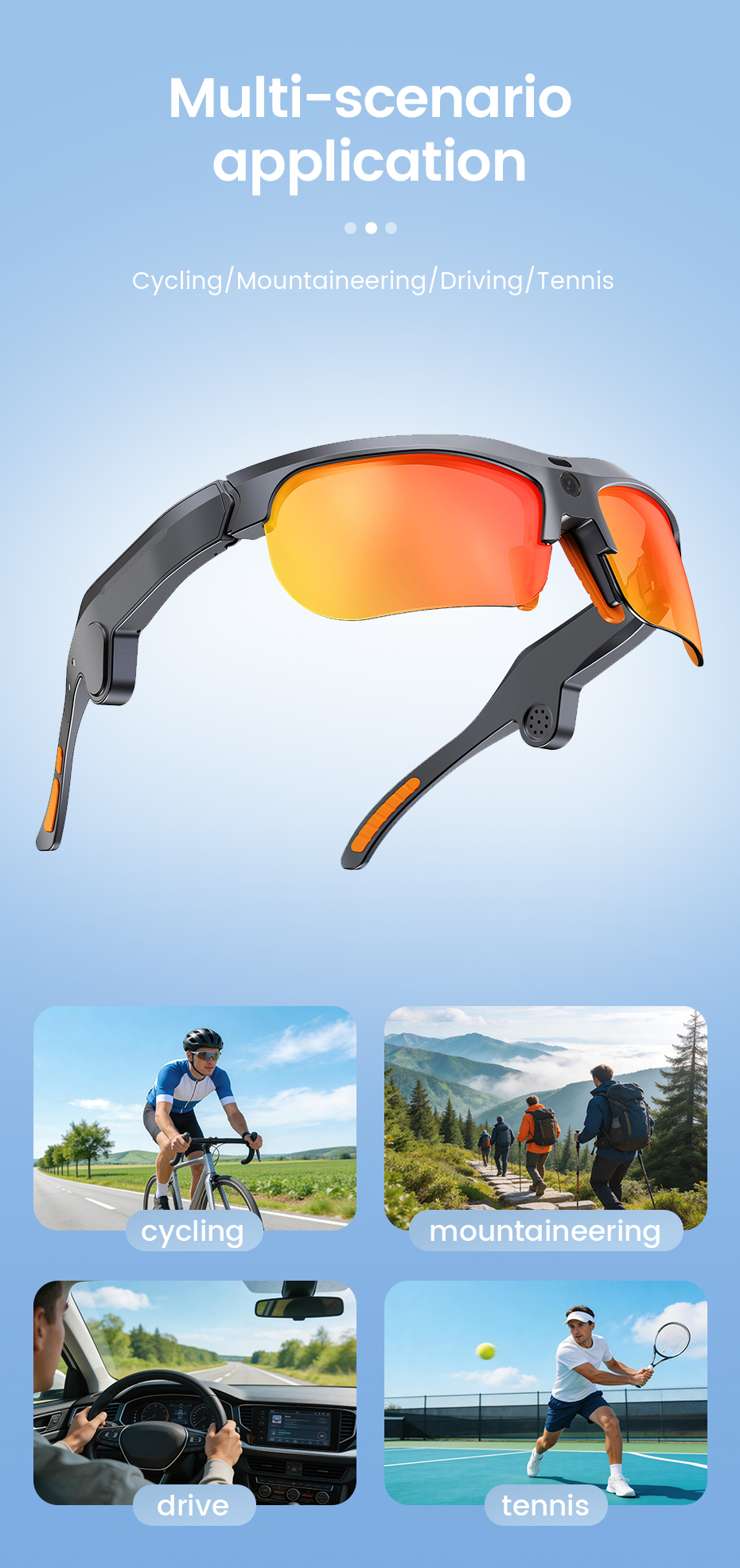 E08 Smart Glasses 1200P HD Video AI Object Recognition Real-Time Translation IP54 Waterproof Magnetic Charging Voice