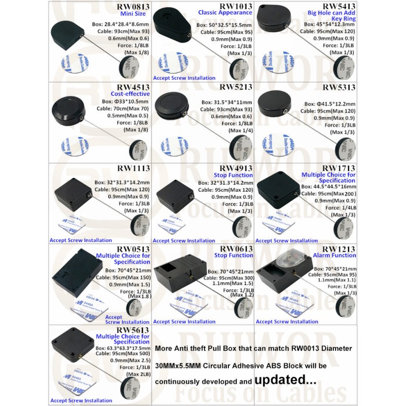 RuiWor RW1113 Square Retail Display Security Cable Tether Plus Dia 30mm Circular Adhesive ABS Thick Plate