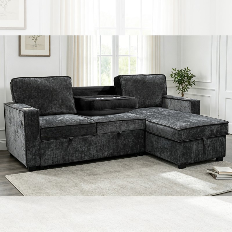 L-Shaped Reversible Sectional Sleeper Sofa with Pull-Out Bed and Dropdown Table and Storage, Charcoal Black Chenille