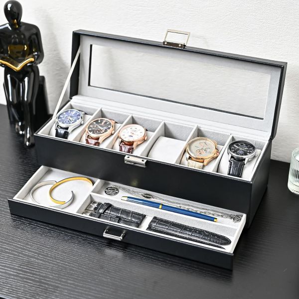 ProCase Watch Box Organizer for Men, 6 Slot Watch Display Case with Drawer, Father's Day Gift Mens Watch Holder Watch