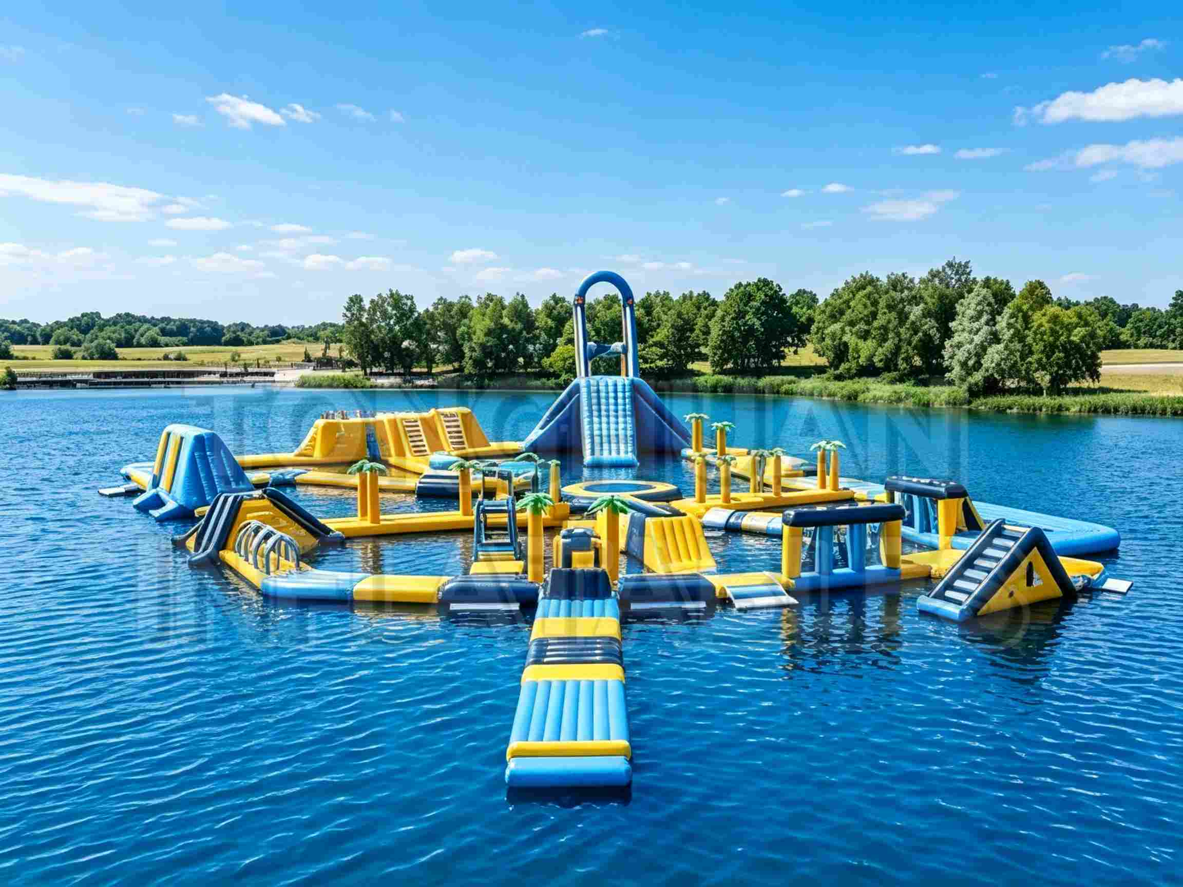 Custom Modular Inflatable Water Park with Slides Climbing Walls Balance Bridges and Activity Platforms for Lakes Resorts Camps and Commercial