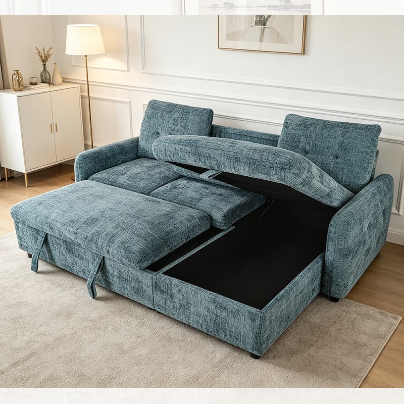 L-Shaped Reversible Sectional Sleeper Sofa with Pull-Out Bed and Dropdown Table and Storage, Hazy Blue Fabric