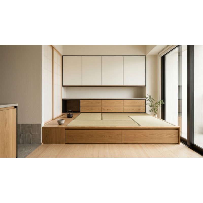 custom tatami bed installed for primary bedroom in contemporary japanese, scandinavian, or minimalist interiors; suitable for low-ceiling spaces seeking visual expansion; ideal for clients prioritizing material health and longevity over decorative excess with coordinated material palette