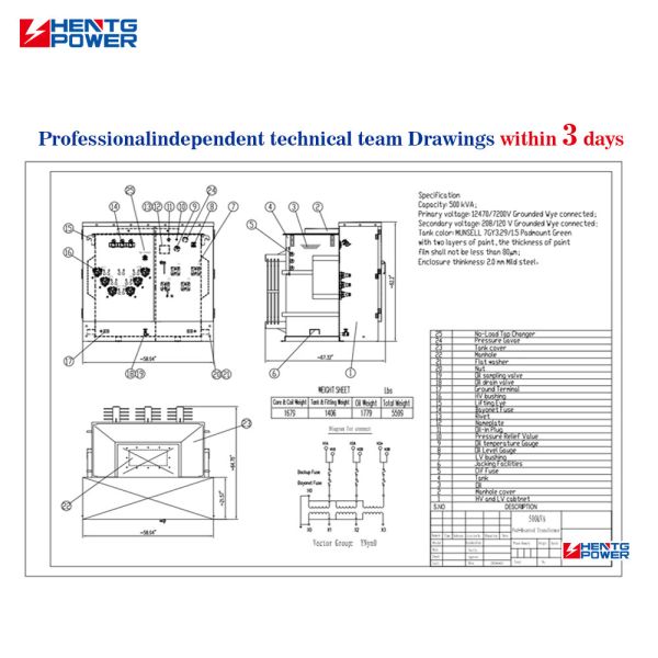 Technical details of three phase transformer showing specifications and components
