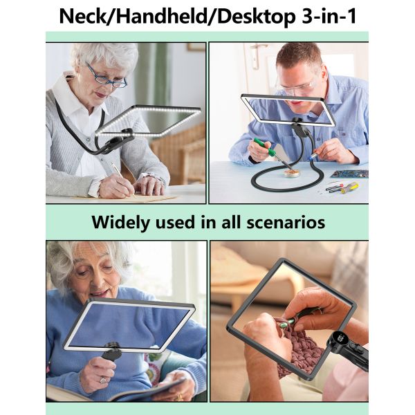 Horizontal Square LED Magnifier with Stepless Dimming, Battery Display, and Magnetic Detachable Lens for Hands-Free Use