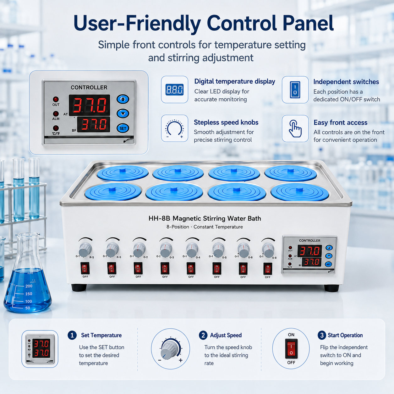 Pharma Lab Sample Preparation Precise Temperature Control 8-Position 100°C 1500W Stainless Steel Magnetic Stirring Water Bath