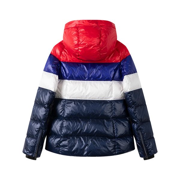 Men's color-block puffer jacket side view showing hood and pocket details